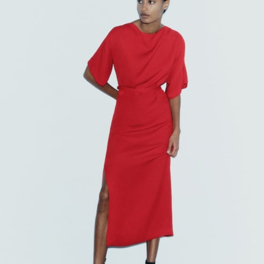 NWT ZARA LONG BELTED DRESS ZW COLLECTION XS red